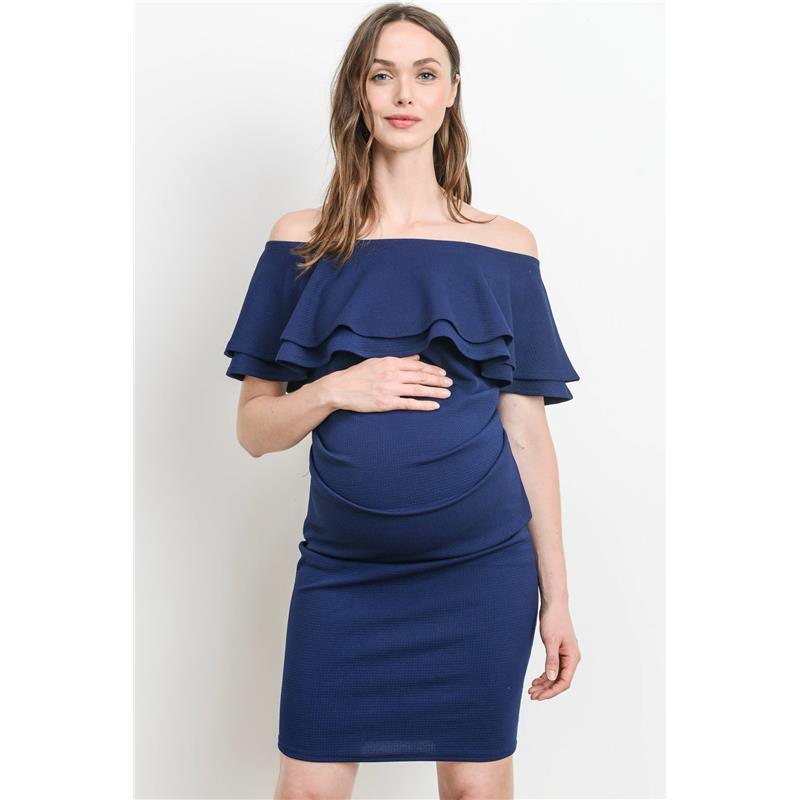 Hello Miz - Off Shoulder Ruffle Maternity Dress, Navy Image 1