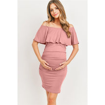 Hello Miz - Off Shoulder Ruffled Maternity Mini Dress, Mauve Image 1