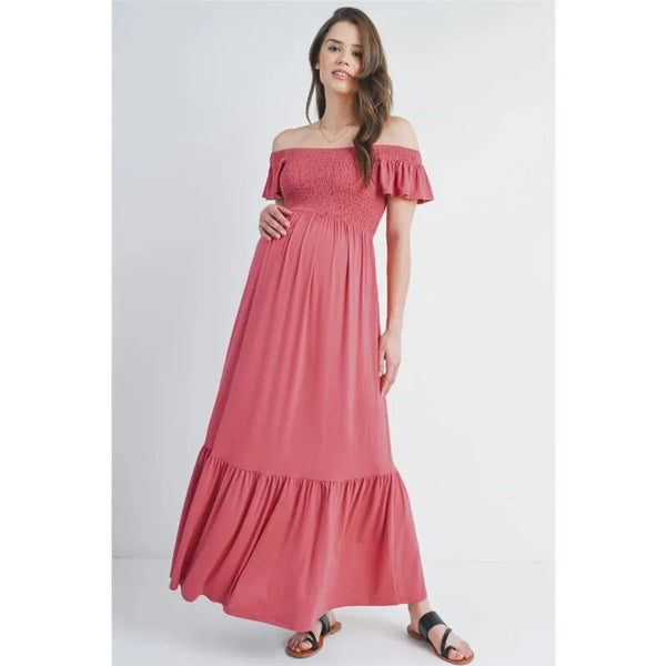 Hello Miz - Off The Shoulder Maternity Ruffled Maxi Dress, Dark Rose