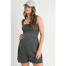 Hello Miz Ribbed Smocked Maternity Knit Romper, Charcoal Image 2