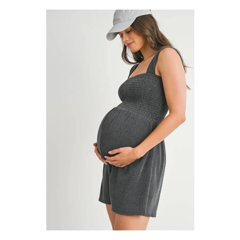 Hello Miz Ribbed Smocked Maternity Knit Romper, Charcoal Image 3