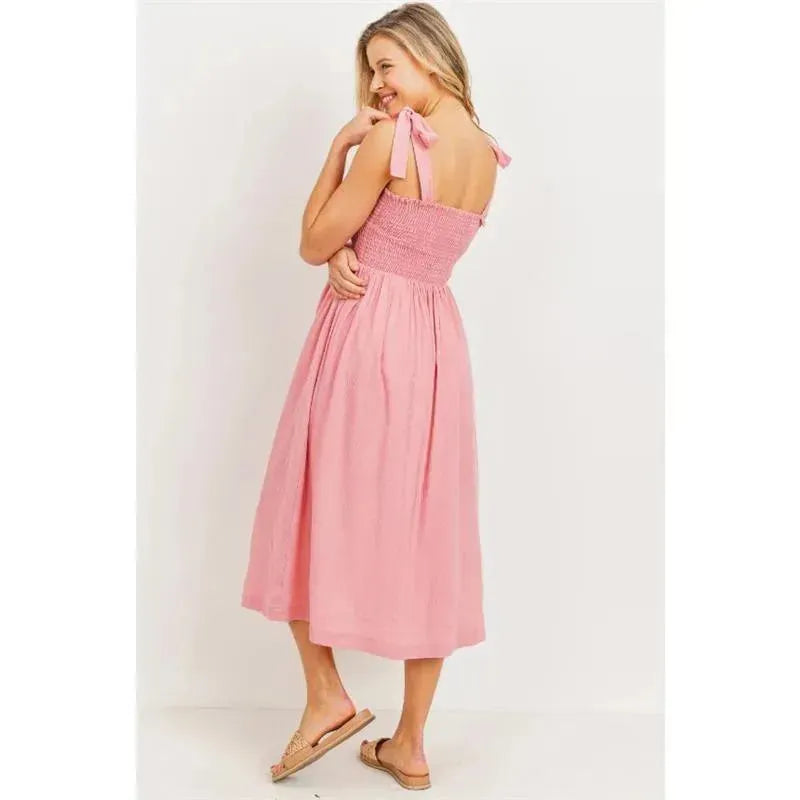 Hello Miz - Smocked Tie Strap Maternity Midi Dress Image 2