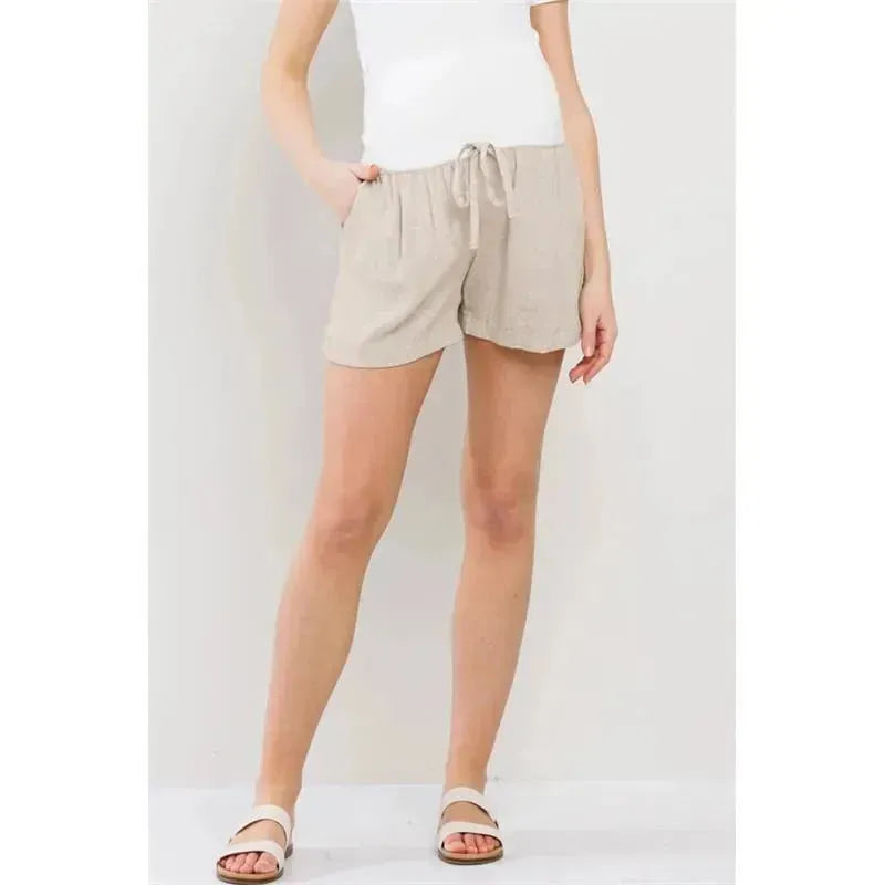 Hello Miz - Solid Maternity Shorts With Pockets And Drawstring, Oatmeal Image 1