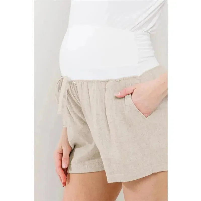 Hello Miz - Solid Maternity Shorts With Pockets And Drawstring, Oatmeal Image 3