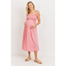 Hello Miz - Tie Shoulder Sleeveless Smocking Maternity Dress, Pink Image 1