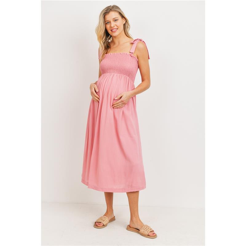 Hello Miz - Tie Shoulder Sleeveless Smocking Maternity Dress, Pink Image 1
