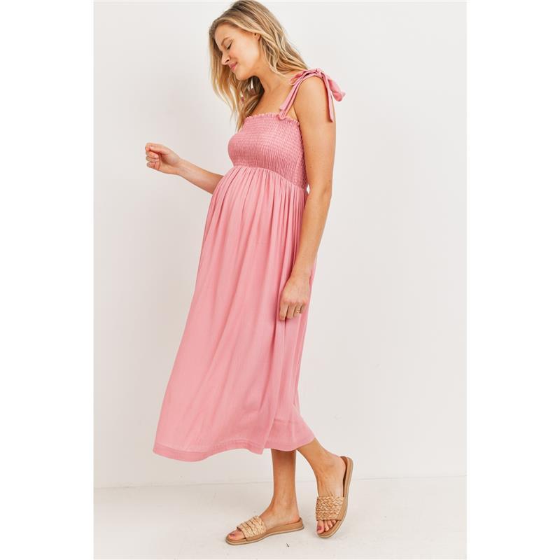 Hello Miz - Tie Shoulder Sleeveless Smocking Maternity Dress, Pink Image 7