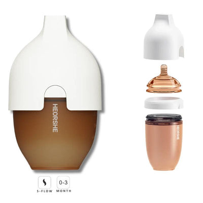 Ultra-wide neck 5 oz Heorshe baby bottle in white, featuring a two-part design for easy cleaning and assembly.