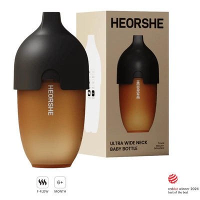 Ultra wide neck baby bottle by Heorshe, 8oz/240ml, black cap, includes packaging with product details and awards.