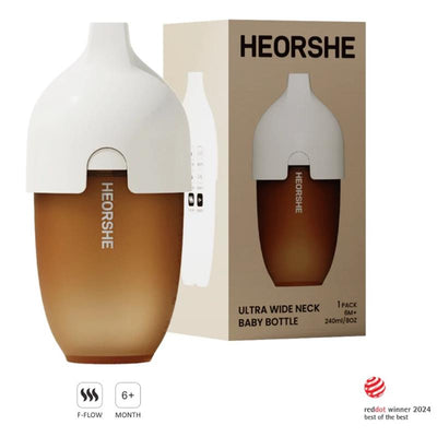 Heorshe Ultra Wide Neck Baby Bottle, 8Oz/240Ml, with brown body and white cap, displayed alongside its packaging.