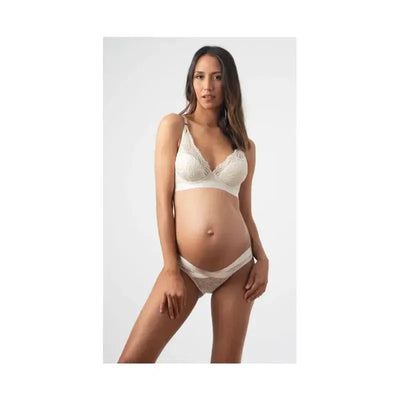 Contour nursing bra and matching panties worn by a pregnant model, showcasing delicate ivory lace details.