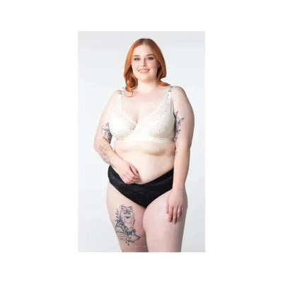 Nursing bra displayed on a model wearing black panty, showcasing an ivory contour design with delicate lace detailing.
