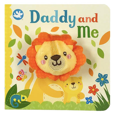 Daddy and Me Finger Puppet Book featuring a plush lion on the cover, colorful illustrations of animals and plants.