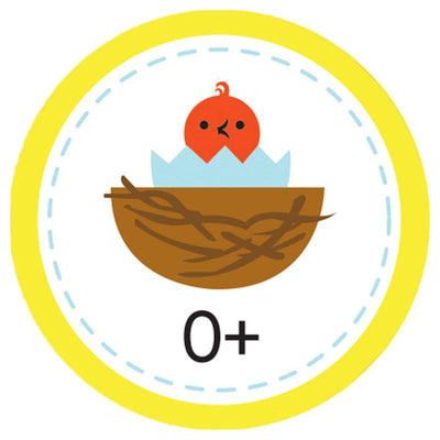 A bright illustration featuring a small red chick hatching from a blue eggshell in a brown nest, with a 0+ age recommendation.