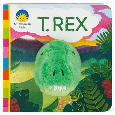 T. Rex finger puppet book by Smithsonian Kids featuring a plush T. Rex head on a colorful illustrated cover.