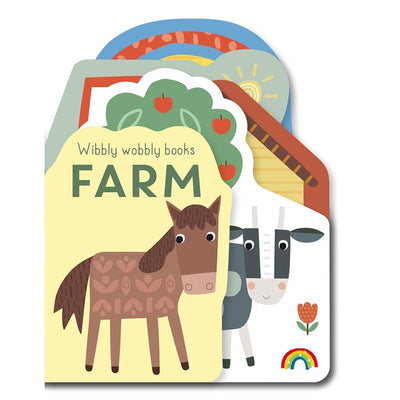 Wibbly Wobbly Farm book featuring a brown horse and a black and white cow, with colorful illustrations and text.