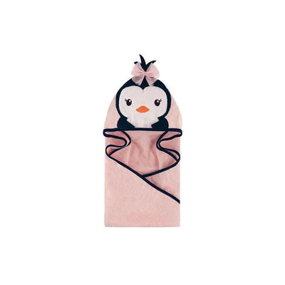 Hooded towel designed as a cute pink penguin, featuring a bow on top and a smiling face.