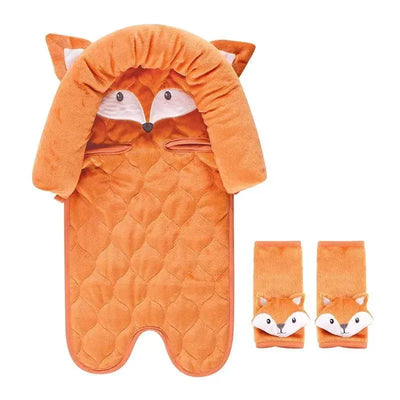 Unisex baby car seat insert and strap covers featuring a fox design, in soft orange fabric with ear and face details.