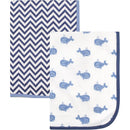 Interlock cotton swaddle blankets in a two-pack featuring whale and chevron patterns in blue and white.