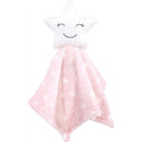 Plush security blanket featuring a smiling star head with pink fabric and white star patterns.