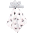 Plush security blanket with a smiling gray cloud head and a white body featuring rainbow designs.