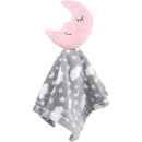Plush security blanket featuring a pink moon head and a gray blanket with cloud and star patterns.