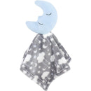 Plush security blanket featuring a blue crescent moon head and soft gray fabric with star and cloud patterns.