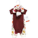 4-piece preemie thermal layette set featuring a brown short-sleeve onesie, floral pants, a matching hat, and a sock.