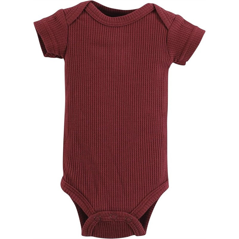 Short-sleeve thermal onesie in dark maroon with ribbed texture and snap closures at the bottom, designed for preemie infants.