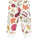 Thermal baby pants featuring an acorn botanical pattern with colorful flowers and leaves in autumn shades.