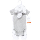 Preemie thermal short sleeve layette set in gray and white, featuring snowflake patterns, a bow, and included socks.