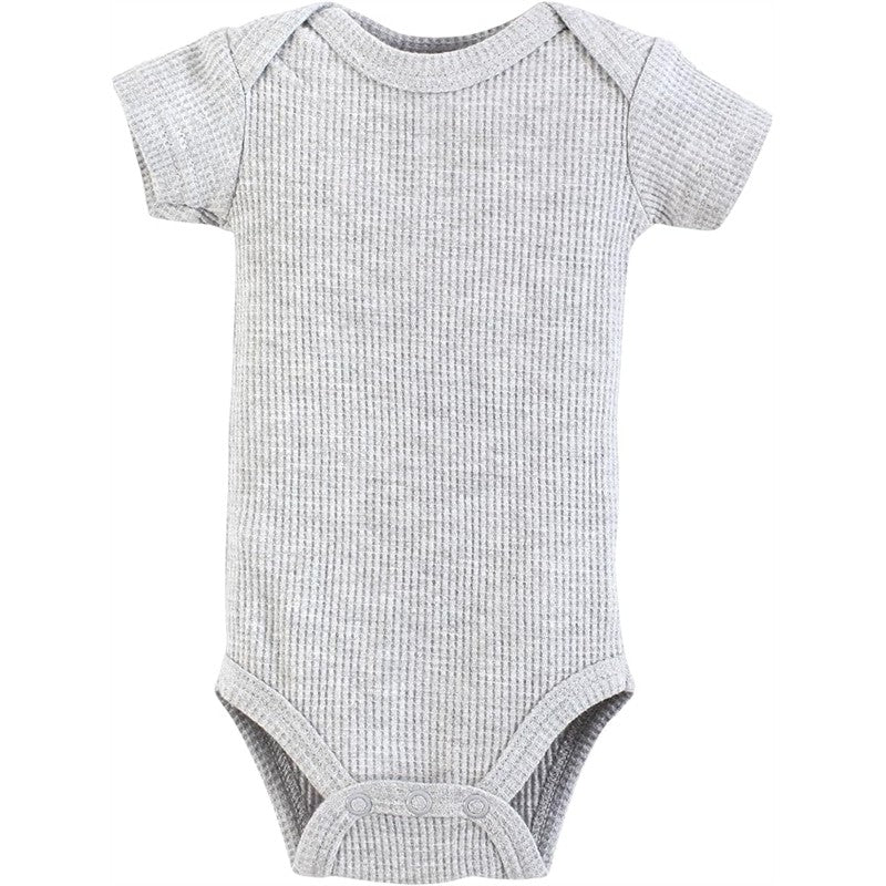 Gray short sleeve thermal bodysuit for preemie babies, featuring ribbed texture and snap closure at the bottom.