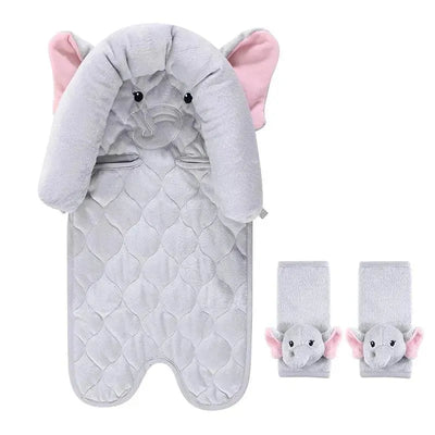 Gray baby car seat insert shaped like an elephant with pink ears and matching strap covers.