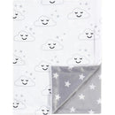 Reversible plush mink blanket featuring gray clouds and star patterns, soft to the touch, ideal for infants.