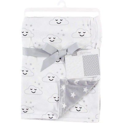 Reversible gray mink blanket with smiling cloud pattern on one side and star pattern on the other, tied with a ribbon.