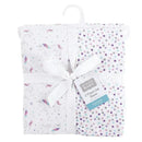 Unisex baby cotton fitted crib sheets featuring unicorn and polka dot designs, packaged with a ribbon.