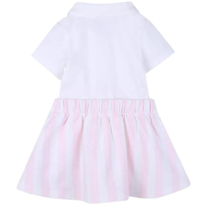 Light pink Hugo Boss Baby 2-In-1 dress with a white polo-style top and striped pink skirt, featuring a gathered waist.