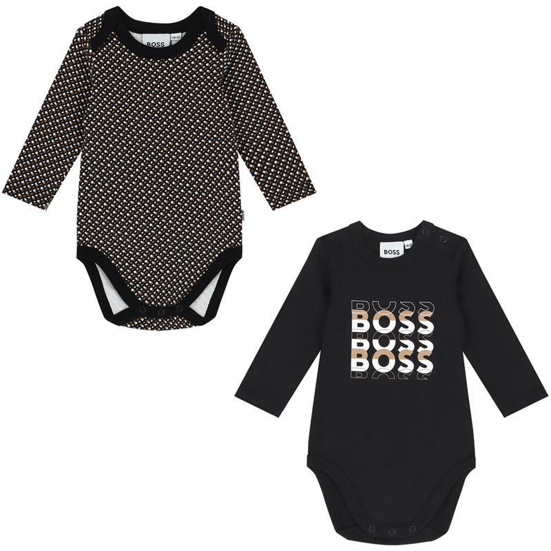 Hugo Boss Baby - 2Pk Boys Black & Beige Logo Bodysuits Image 1