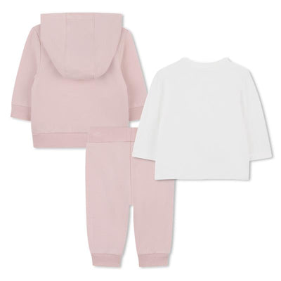 Three-piece Hugo Boss Baby girl tracksuit and tee set in pale pink, featuring a hooded jacket, pink pants, and a white top.
