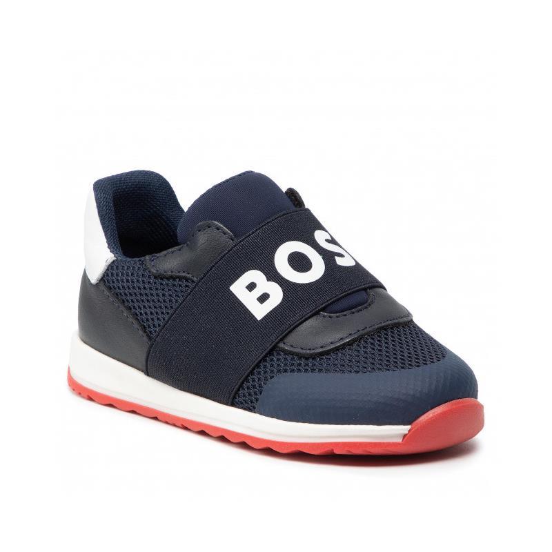 Hugo Boss - Baby Boy Branded Leather Trainers, Navy Image 1