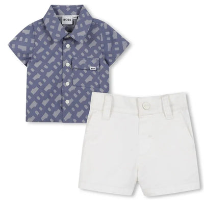 Blue short-sleeve button-up shirt with a patterned design, paired with white shorts, part of the Hugo Boss Baby collection.