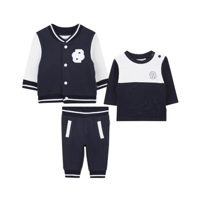 Navy Hugo Boss Baby tracksuit set with a jacket, long-sleeve tee, and matching pants featuring white accents and a logo.