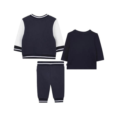 Navy Hugo Boss Baby tracksuit set for boys with matching tee and pants featuring striped cuffs.
