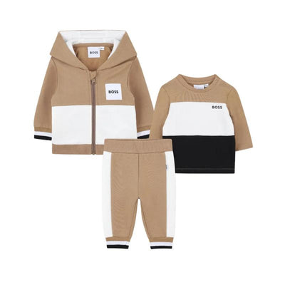 Beige Hugo Boss Baby tracksuit and tee set featuring a zip-up hooded jacket, long-sleeve shirt, and matching pants.