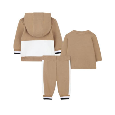 Beige Hugo Boss Baby tracksuit set includes a hooded jacket, long-sleeve tee, and matching pants with white stripes.