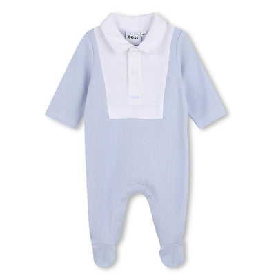 Pale blue footie with collar detail, featuring a white collar and buttons, designed for infants by Hugo Boss.