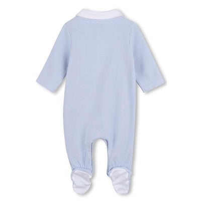 Pale blue baby footie with a white collar detail and long sleeves, featuring a textured fabric and footed design.