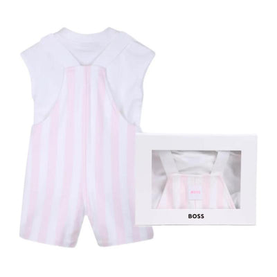 Light pink baby girl overalls with white stripes, accompanied by a white T-shirt, displayed in gift packaging.