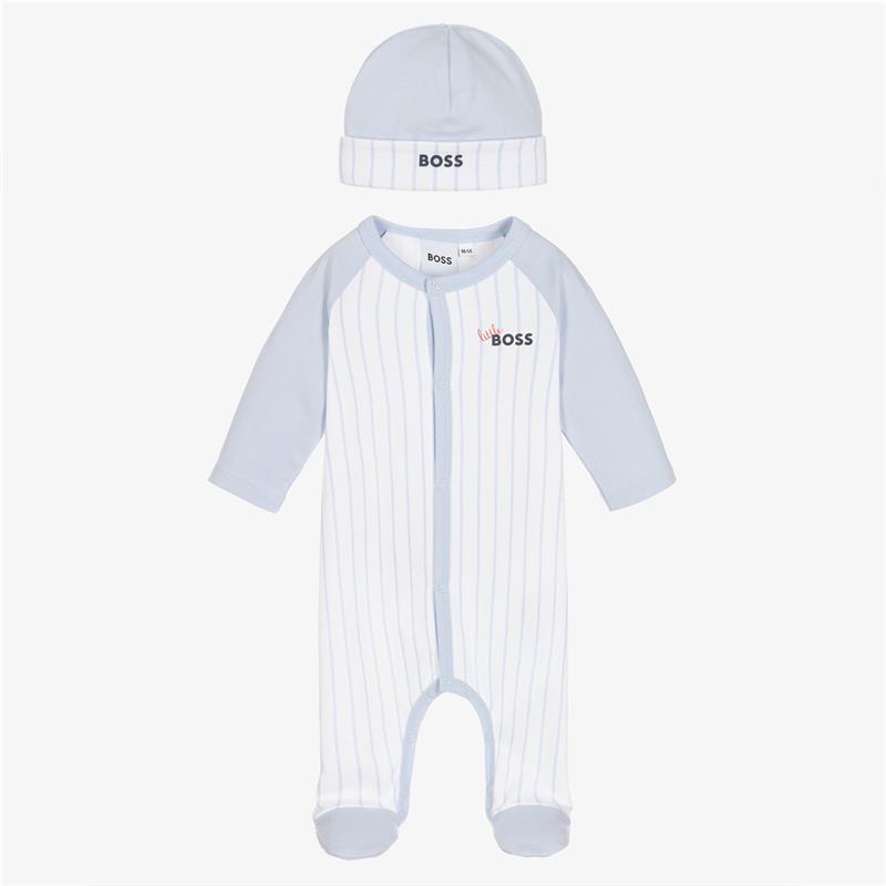 Hugo Boss Baby - Long Sleeve Stripped Footie & Hat, Pale Blue Image 1