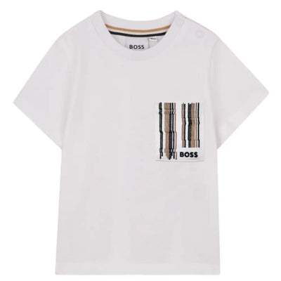White Hugo Boss baby short-sleeved T-shirt made of cotton, featuring a patterned pocket and logo detail.
